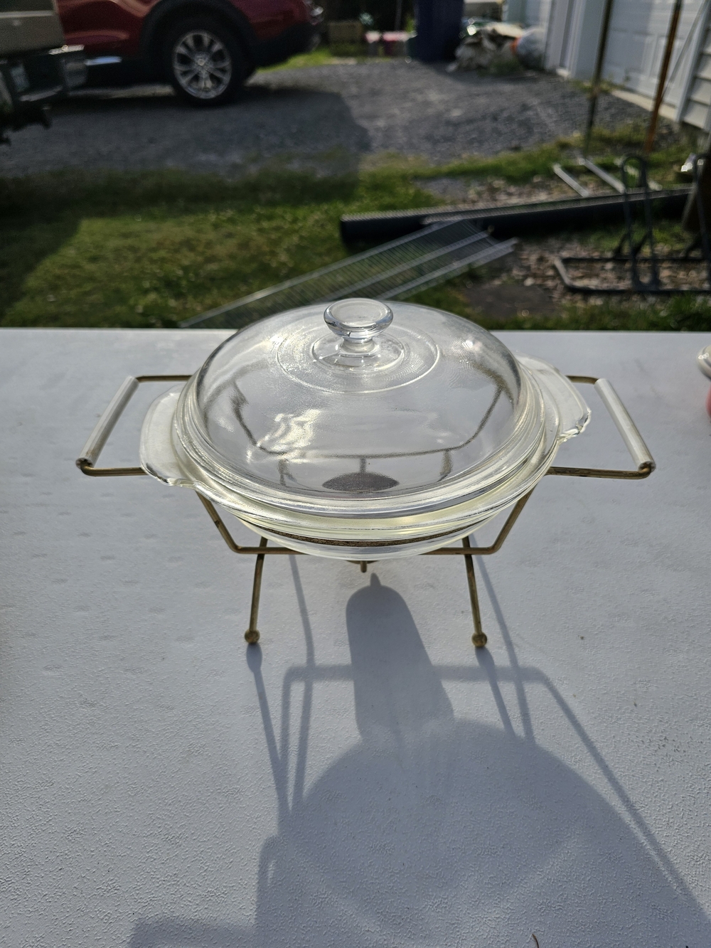 Vintage MCM Clear Glass Covered Casserole Dish with Brass Candle Warmer Stand